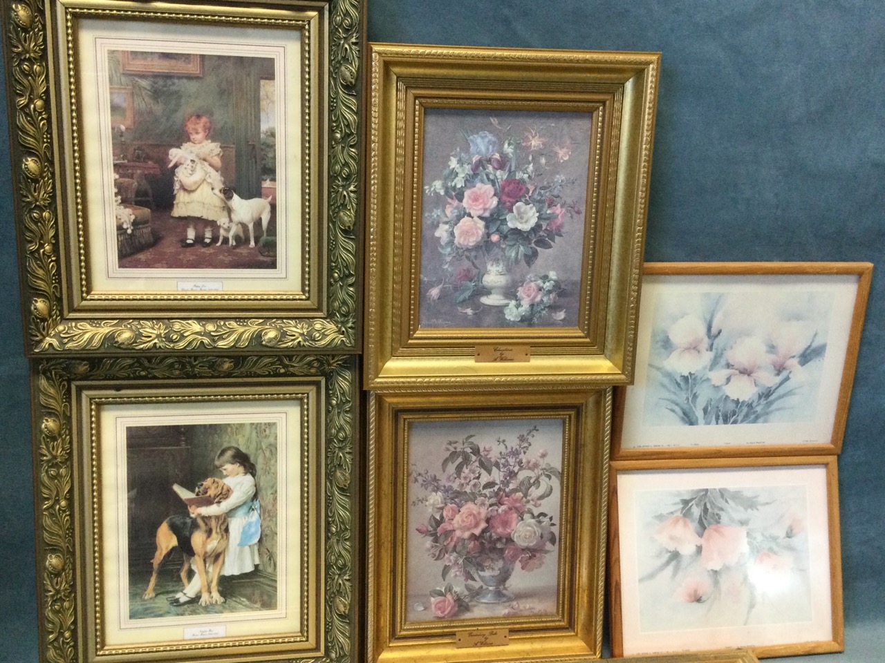 Five pairs of framed prints - sentimental Victorian style with dogs in art nouveau type frames, - Image 2 of 3