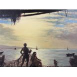 E Jeuille(?), oil on board, sunset coastal view with figures on foreshore, signed indistinctly &