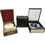 A 1960s Dansette record player, the Minor model in cloth covered case; a 1970s record player; and
