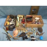 Three boxes of miscellaneous collectors items including a powder horn, brass, a shell, boxes,