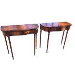 A pair of mahogany side tables, each with shaped crossbanded tops above twin cockbeaded frieze