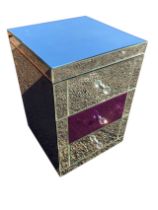 A contemporary mirrored three-drawer chest with bevelled glass plates and crystal cut ball knobs. (