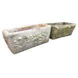 A rectangular stoneware garden trough embossed with shell decoration; and another similar with