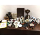 Miscellaneous items including ornaments, general ceramics, frames, a New Zealand candlestick, wood
