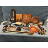 Miscellaneous items including treen, a barometer/thermometer on carved panel, a pair of easels, a