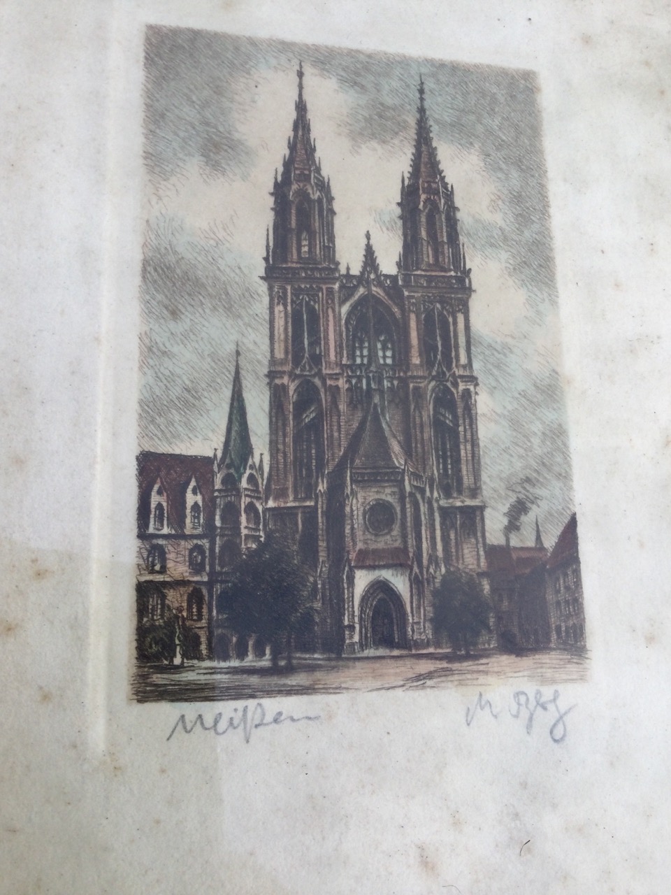 A European coloured etching of a church, signed & titled indistinctly in pencil on margin, framed; a - Image 2 of 3