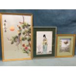 A Chinese embroidered silk picture with birds on tree above blossom foliage, framed; a painted