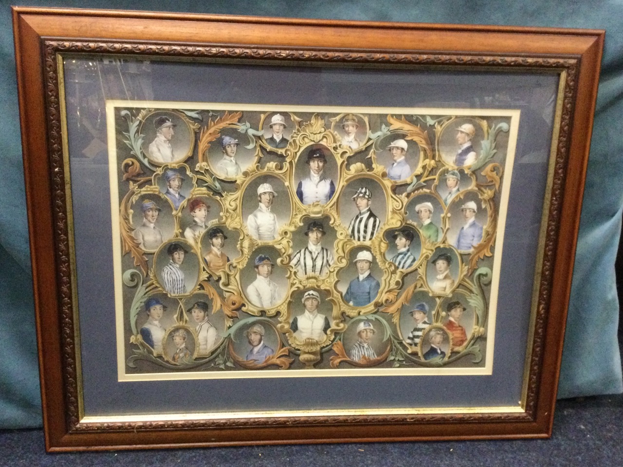 A Victorian style coloured engraving of famous nineteenth century jockeys in gilt scrolled frames, - Image 2 of 3