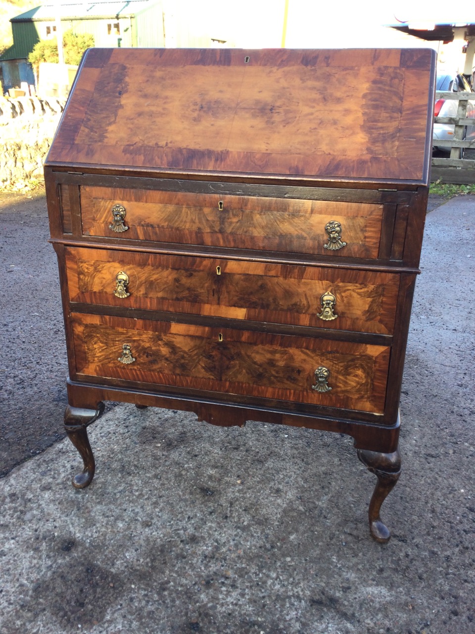 A Queen Anne style walnut bureau with crossbanded fallfront enclosing a fitted interior with two - Image 2 of 3