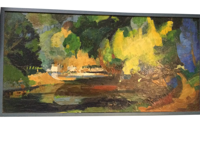 C20th oil on board, river landscape, painted in thick impasto, unsigned, framed. (47.75in x 23.5in)