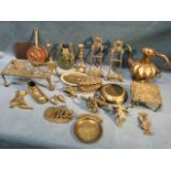 Miscellaneous brass including kettle stands, ornaments, a coffee pot with hinged cover, a