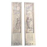 A pair of art nouveau style cast brass panels with floral wreaths above pastoral figures in