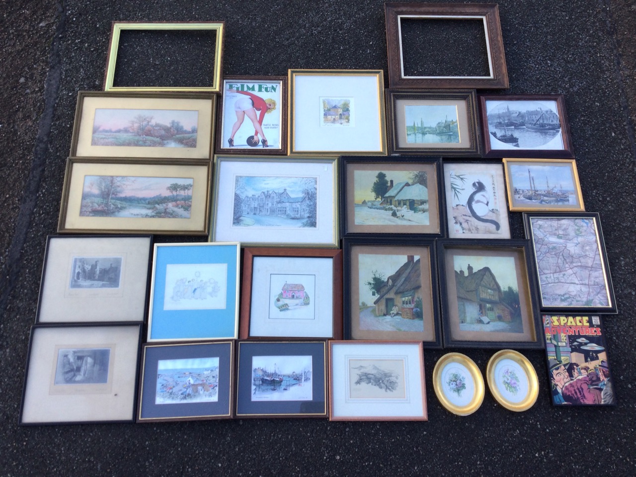 A box of old framed prints, Eyemouth views, landscapes, carved old frames, some signed, pairs,