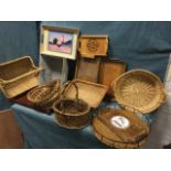 Miscellaneous cane baskets & trays, some hardwood, carved, shopping baskets, fretwork carved