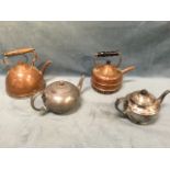 A Victorian copper kettle with oak handle; a melon shaped Victorian pewter teapot with scrolled
