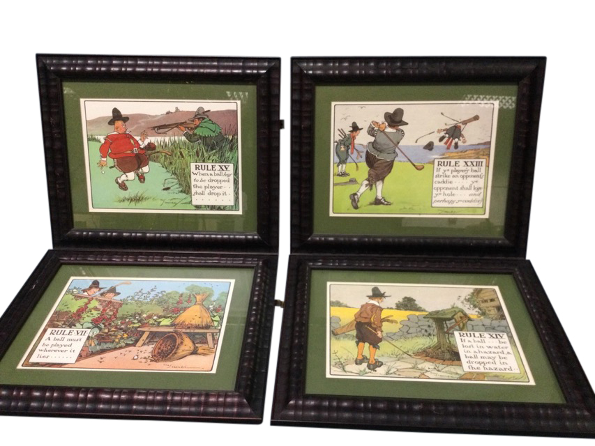 A set of four golf cartoon prints after Crombie, the coloured plates mounted and in ripple moulded