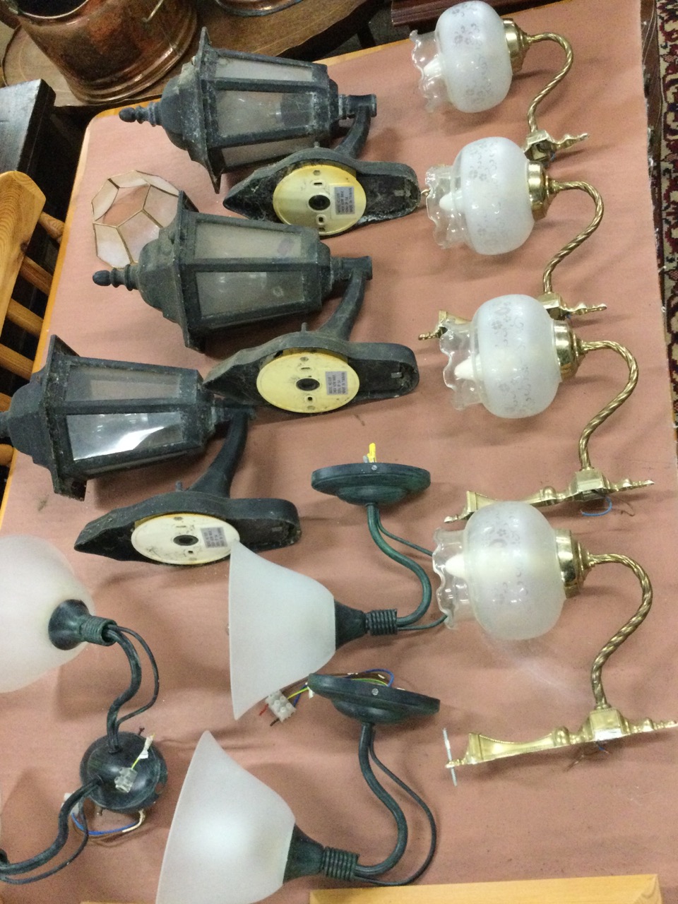A quantity of electric wall lights - mainly with glass shades, pairs, a set of three external with - Image 3 of 3