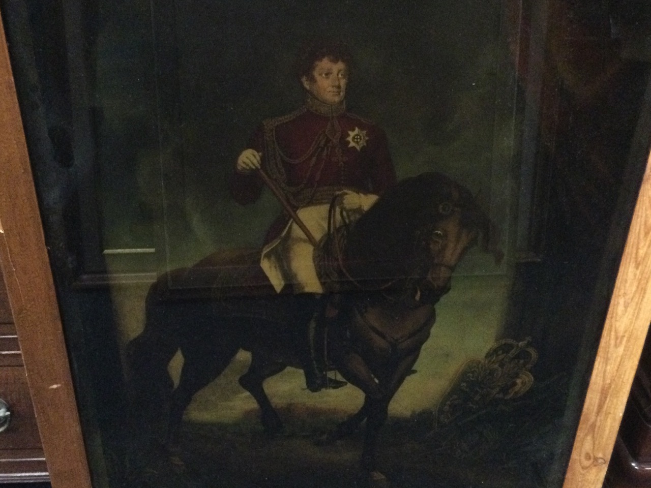 A reverse glass image of George IV, the mounted monarch in draped staged setting with Windsor Castle - Image 2 of 3
