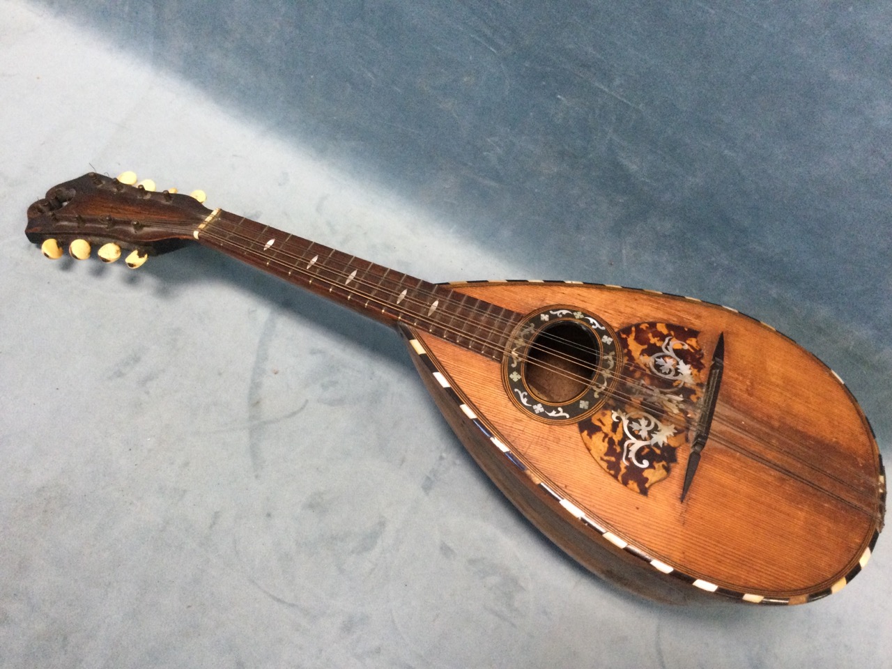 A nineteenth century Italian mandolin with bulbous rosewood body inlaid with boxwood stringing,