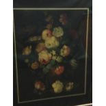 A nineteenth century reverse glass floral still life with old master style vase of flowers within