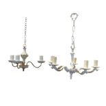 A three-branch hanging light with flower encrusted porcelain mounts and ribbed scrolled branches,