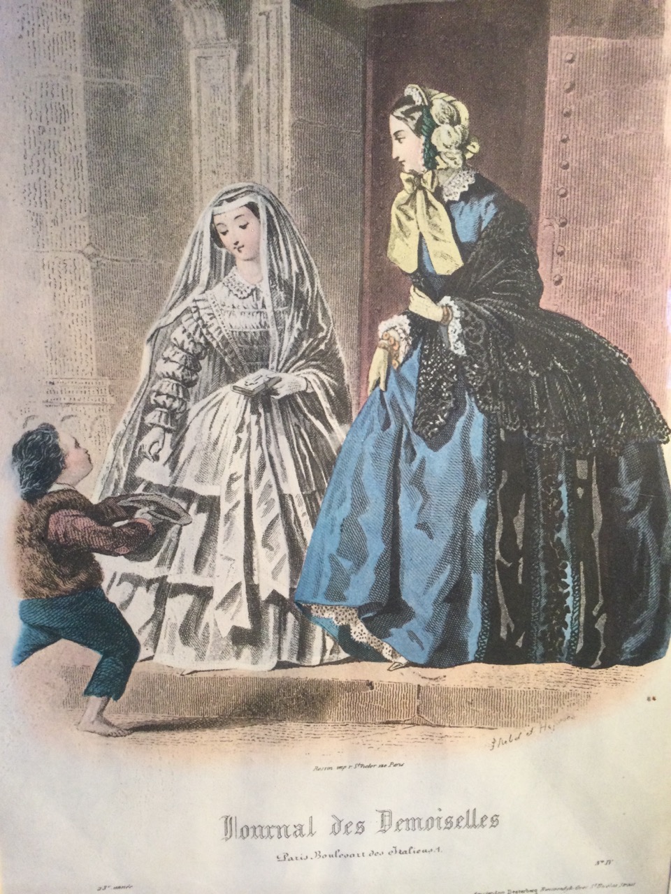 A set of four French fashion engravings, the coloured plates with Paris printers marks, mounted & - Image 2 of 3