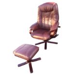 A stressless maroon upholstered armchair and matching footstool, with panelled stitched covering and