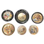 A collection of six nineteenth century prattware pot lids - Uncle Toby, Chin Chew River,