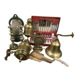 Miscellaneous metalware items including a large brass hanging ships type bell, a gong on stand, a