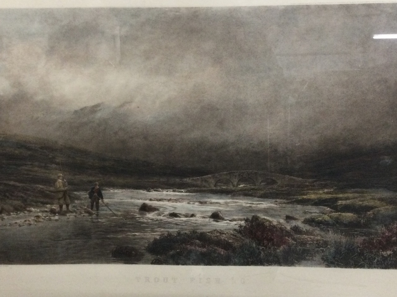Douglas Adams, Trout Fishing, a large lithographic river landscape fishing print taken from the
