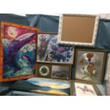 Miscellaneous pictures - a floral print, a box canvas landscape, a pierced metal frame, a silvered