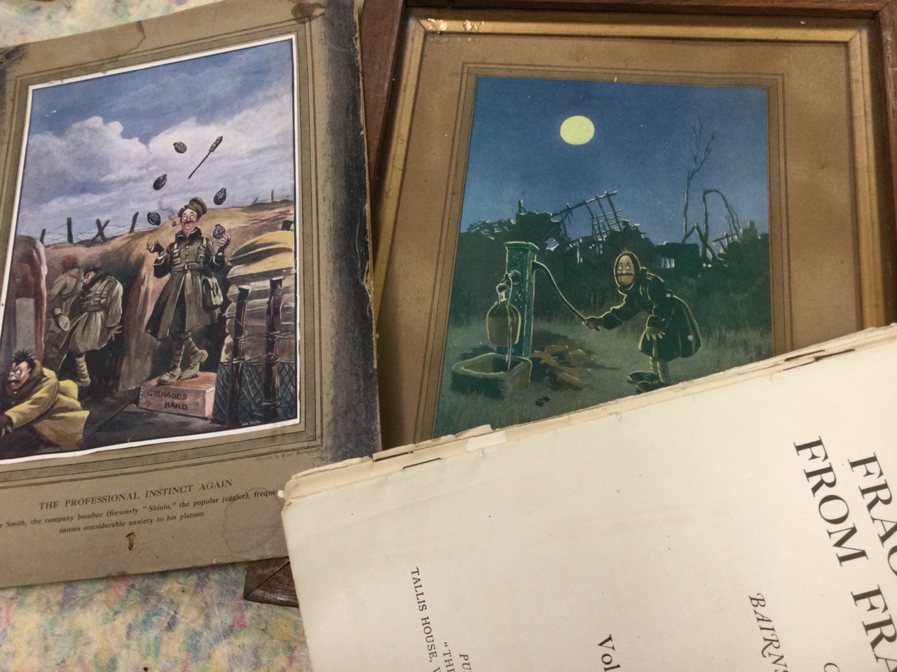 Bruce Bairnsfather, two mounted coloured cartoon prints - one oak framed; and six editions of