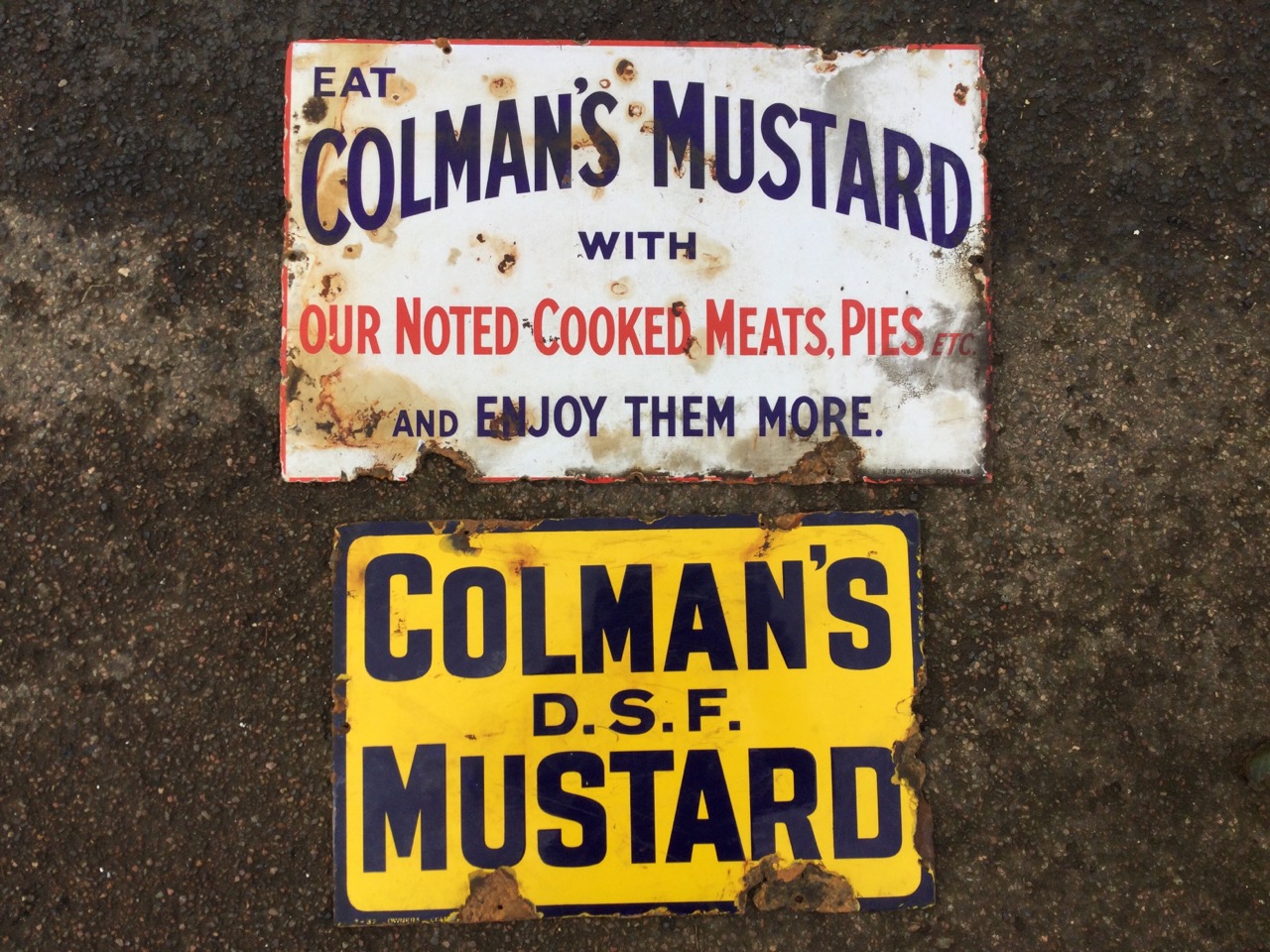 A rectangular enamelled advertising sign - Eat Colman’s Mustard with Our Noted Cooked Meats, Pies,