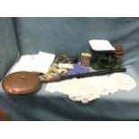 Miscellaneous items including a Victorian copper bedwarming pan, embroidered placemats & cloths, a