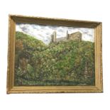 Oil on canvas, landscape view of a castle from below trees, unsigned, in moulded gilt and gesso