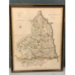 A hogarth framed nineteenth handcoloured map of Northumberland after Cary, showing key to wards. (