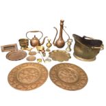 Miscellaneous copper and brass including a helmet shaped coal scuttle with swing handle, circular