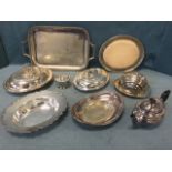 Miscellaneous silver plate including two oval tureens & covers, a rectangular tray, a teapot, a