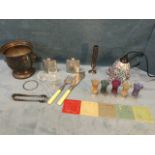 Miscellaneous items including a silver plated urn, a pair of pewter flasks, a pair of fish servers