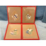 A set of four miniature handpainted leaf paintings with birds, butterflies, flowers, blossom