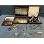 Miscellaneous silver plated flatware including a cased dessert set, tea knives, sugar nips &