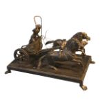 Bronze, model of a roman chariot with a pair of galloping horses and soldier driving with whip