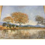 Alamo, oil on board, impressionist river landscape with trees, signed & dated, framed. (29in x