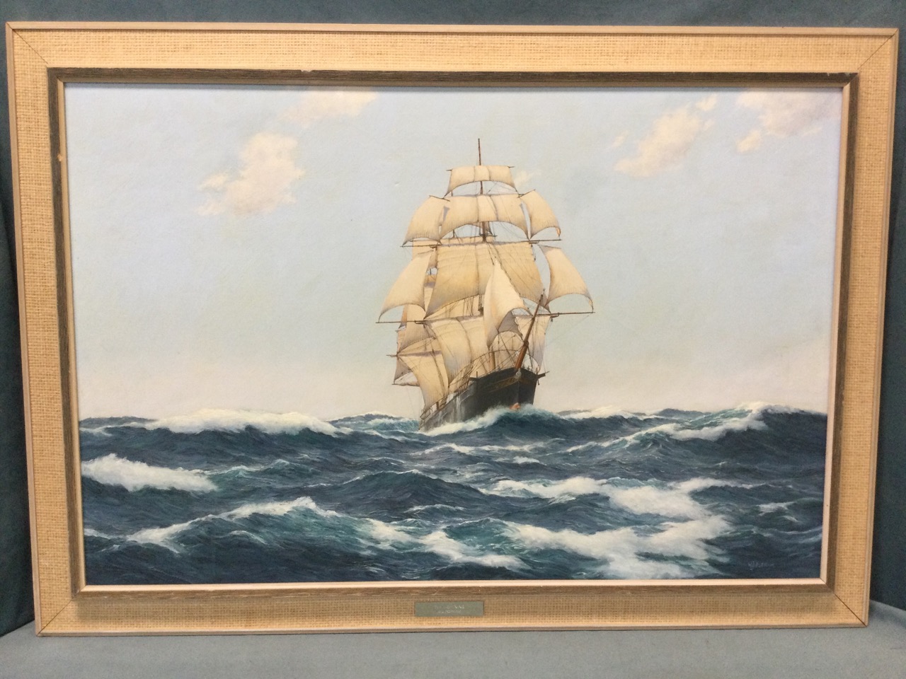 WJ Popham, oil on canvas, Victorian tall ship in choppy seas titled The Lightning, artists details - Image 2 of 3