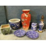 Miscellaneous oriental ceramics including a pair of blue & white plates with panels on fishscale