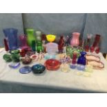 Miscellaneous coloured glass including vases, bowls, a set of three graduated jugs, ornaments, art