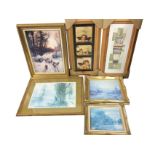 A pair of contemporary un-hung decorative pine framed prints; and four other gilt framed landscape