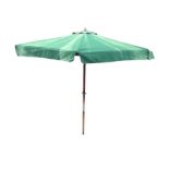 A large canvas garden parasol, the awning on pole opening with umbrella style mechanism. (99in x