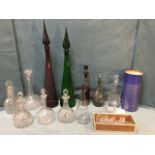 Miscellaneous decanters & stoppers including a tall coloured pair, Victorian vine engraved,