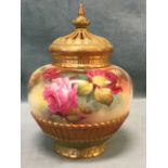 A Royal Worcester pot pouri vase & cover handpainted with roses by W Harbron, the floral frieze